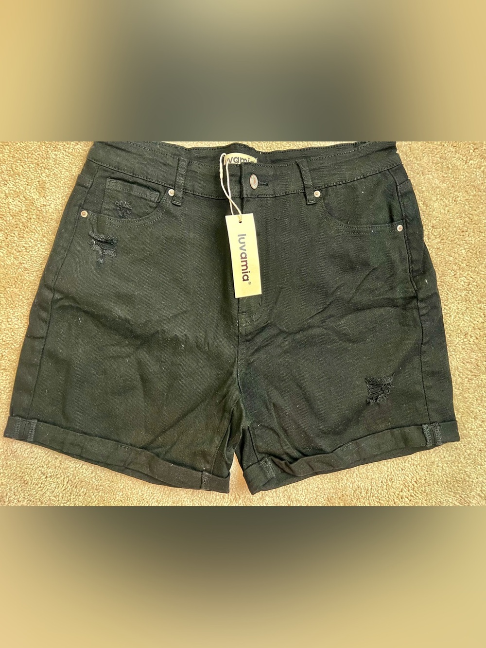 Iuvamia Women's Black Denim Jean Shorts with Rolled Hem